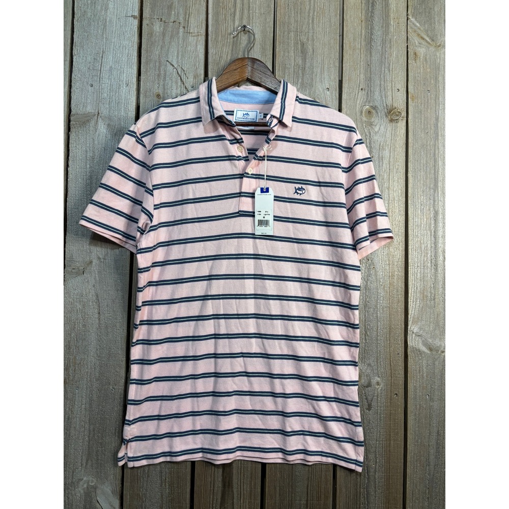 Southern Tide NWT Beachside Polo Mens Medium Pink Striped Trim Fit 1869 NWT‎